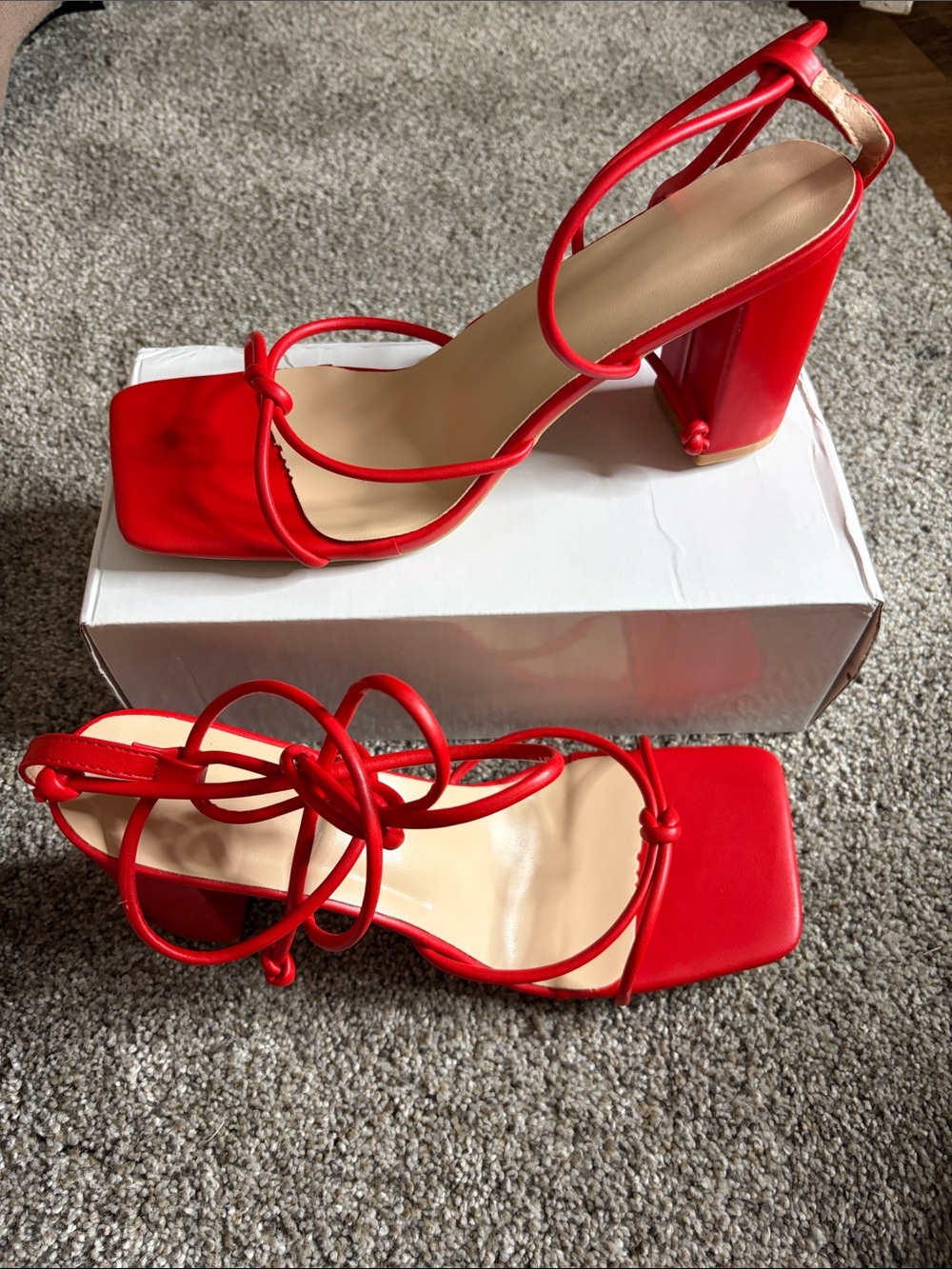 Red Strappy Block Heel Sandals - Women